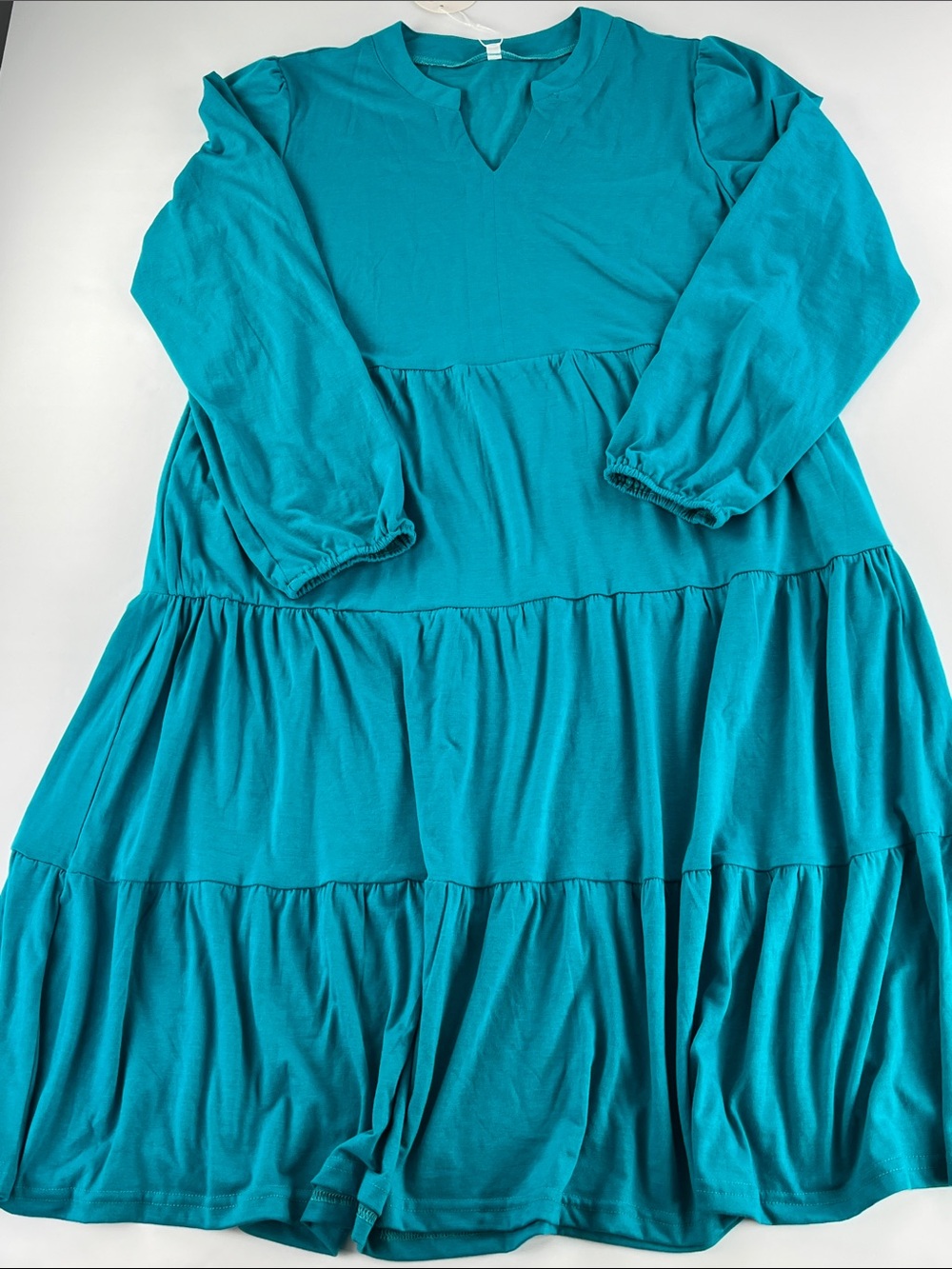 Anrabess Teal Tiered V-Notch Long-Sleeve Dress W/ Pockets Sz L